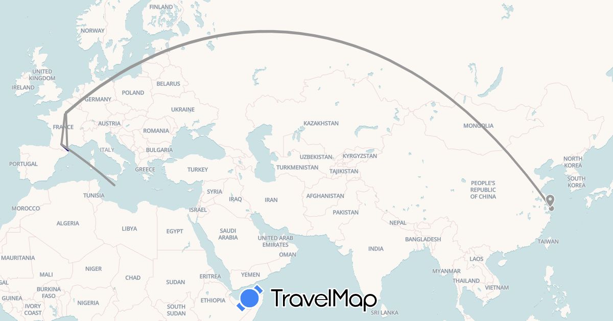 TravelMap itinerary: driving, plane in China, France, Malta (Asia, Europe)